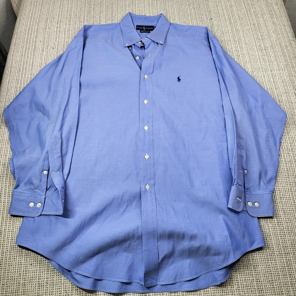 Ralph Lauren Shirt Mens 16.5 32/33 Blue Solid Classic Fit Button Down Dress‎